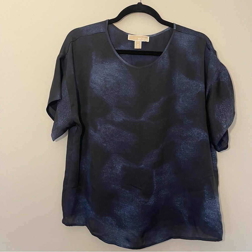 Michael Kors Womens Blue Printed Silky Short Sleeve Blouse - medium